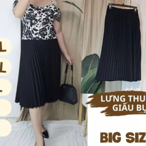 Váy Maxi Đen Ly Bigsize – Thời trang công sở cho phụ nữ size lớn, thiết kế xếp ly, lưng thun, dễ phối đồ