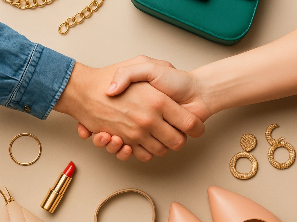 Cái bắt tay giữa nhân viên và khách hàng minh họa cho dịch vụ Phụ kiện thời trang Hottrends