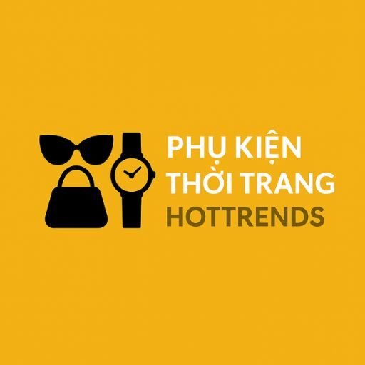 Biểu tượng Phụ kiện thời trang Hottrends màu trắng đen trên nền vàng cùng hình ảnh các phụ kiện, đối tác của "Thời trang cặp đôi - size lớn".