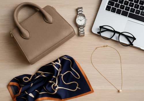 Phụ kiện công sở: túi xách da, đồng hồ bạc, kính gọng đen, khăn lụa navy, vòng cổ ngọc trai – phong cách thanh lịch nơi làm việc